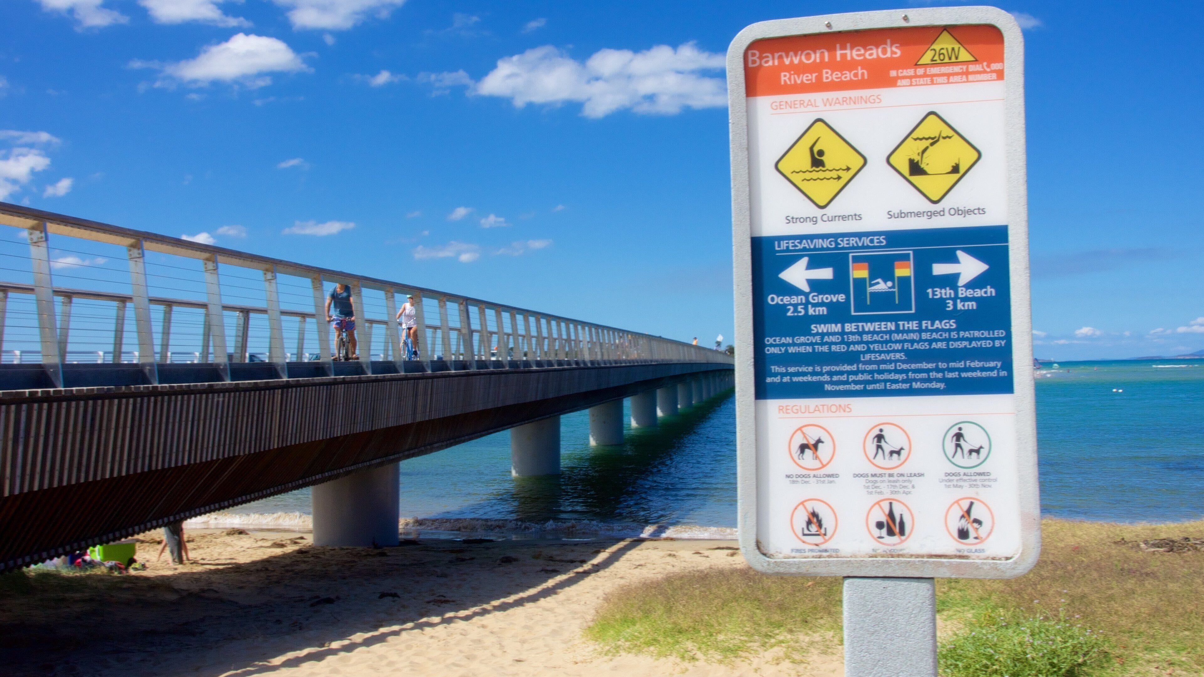 A beach sign with warnings and lifesaving services information.