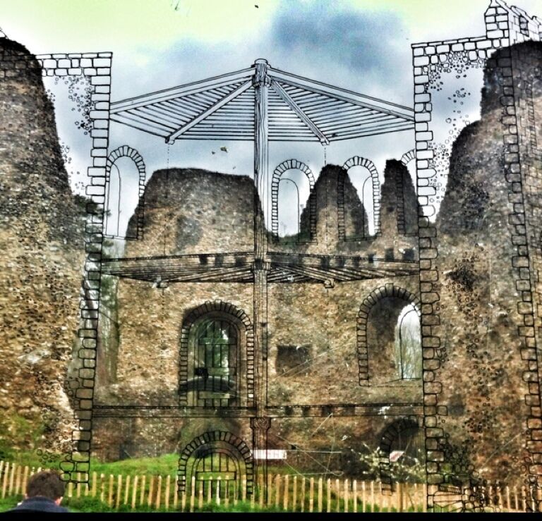 A picture of odiham castle through a small, nearby "information window". The drawing on the window and the castle perfectly align... if you're willing to get down on your knees!!