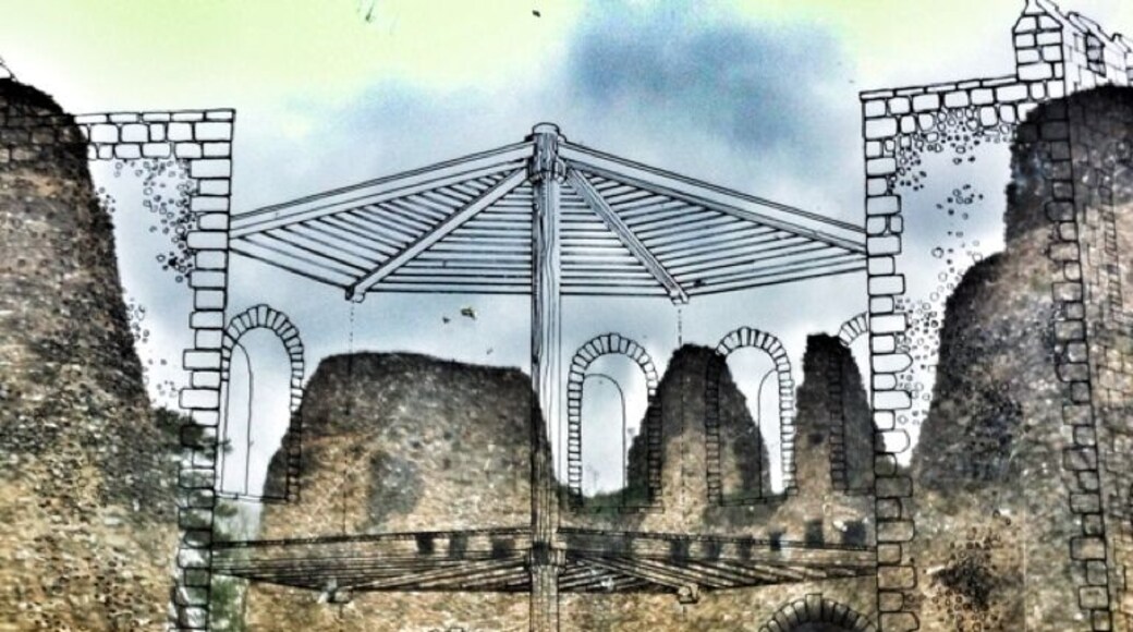 A picture of odiham castle through a small, nearby "information window". The drawing on the window and the castle perfectly align... if you're willing to get down on your knees!!