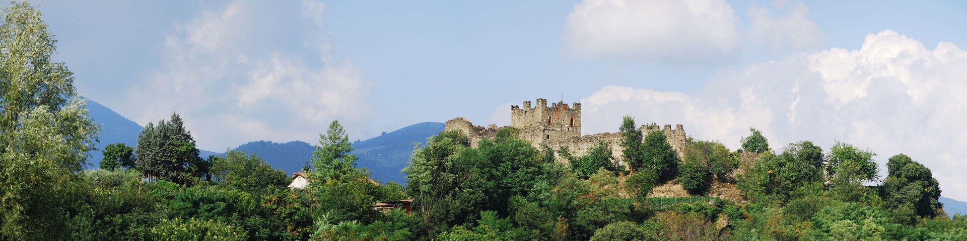 Un castillo en la cima de una colina, rodeado de un bosque verde frondoso y montañas al fondo.
