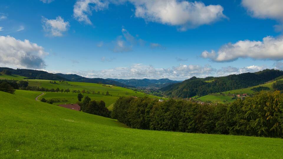 A lush green valley with rolling hills, a winding road, and a small village nestled among the mountains.