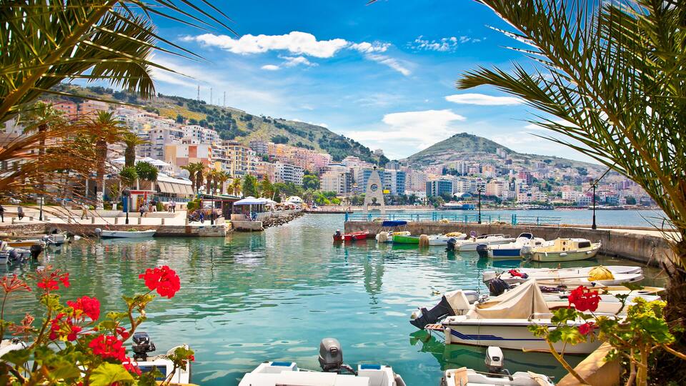 A harbor with boats, a cityscape, and a hill in the background.