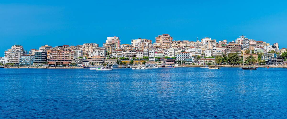 A view towards the far side of the bay at Sarande in the morning in summertime