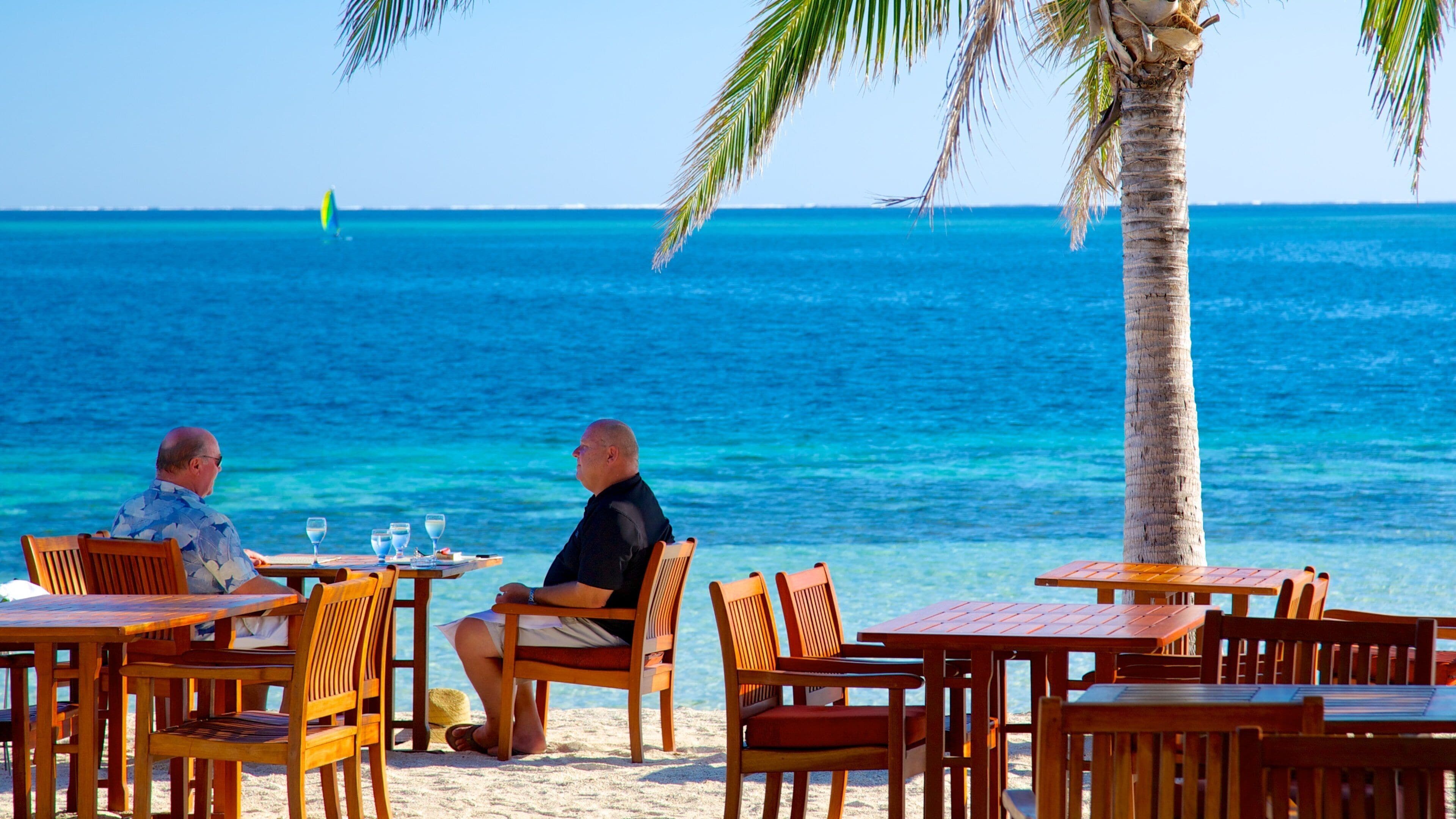 Castaway Island som viser luksushotell eller resort, tropisk landskap og strand