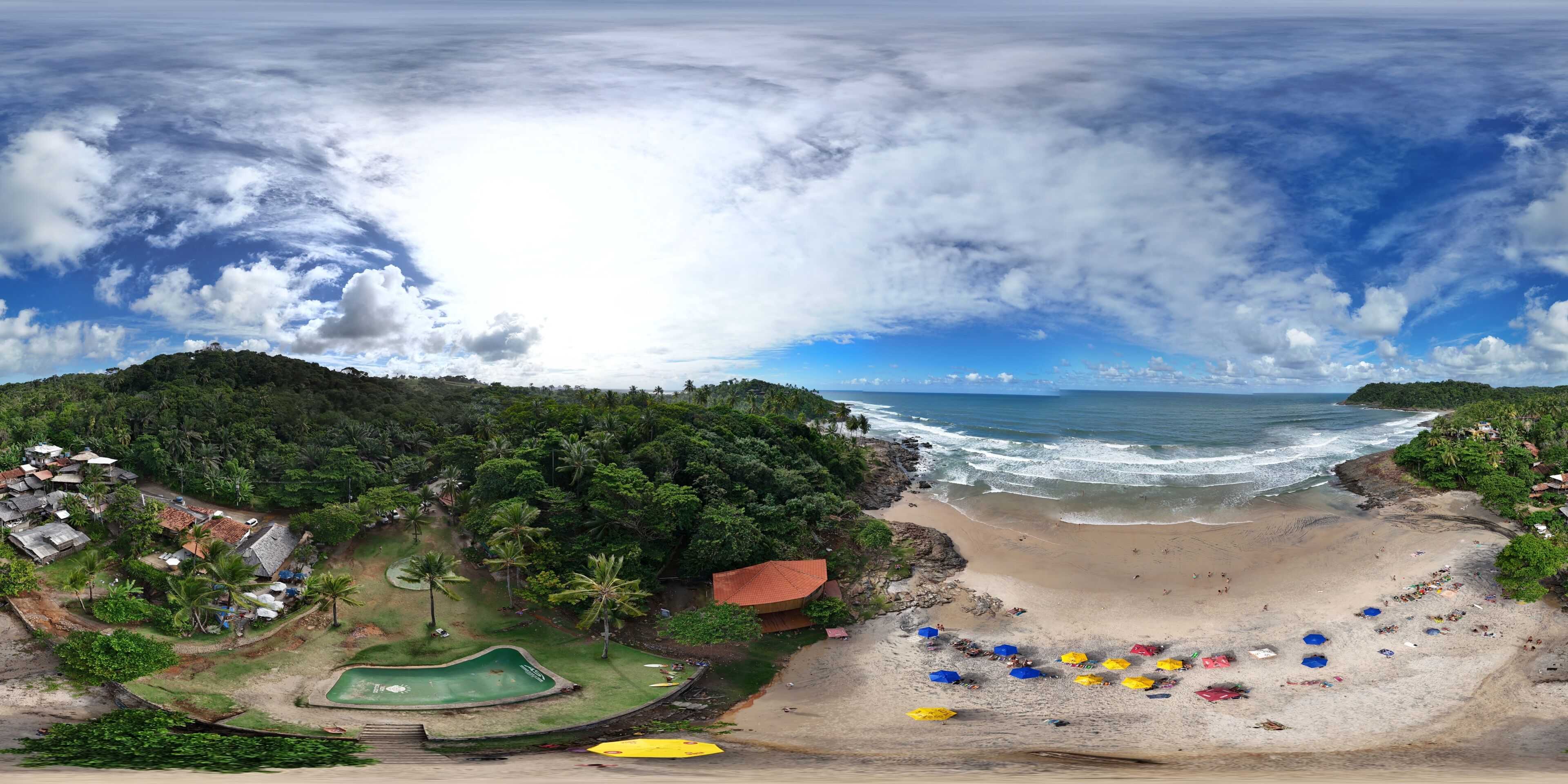 360 aerial photo taken with drone of Praia Tiririca about 15 meters above the skate park in Itacaré, Brazil