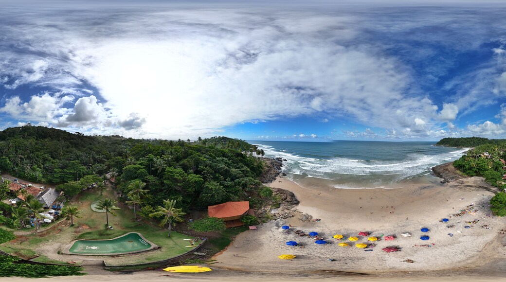360 aerial photo taken with drone of Praia Tiririca about 15 meters above the skate park in Itacaré, Brazil