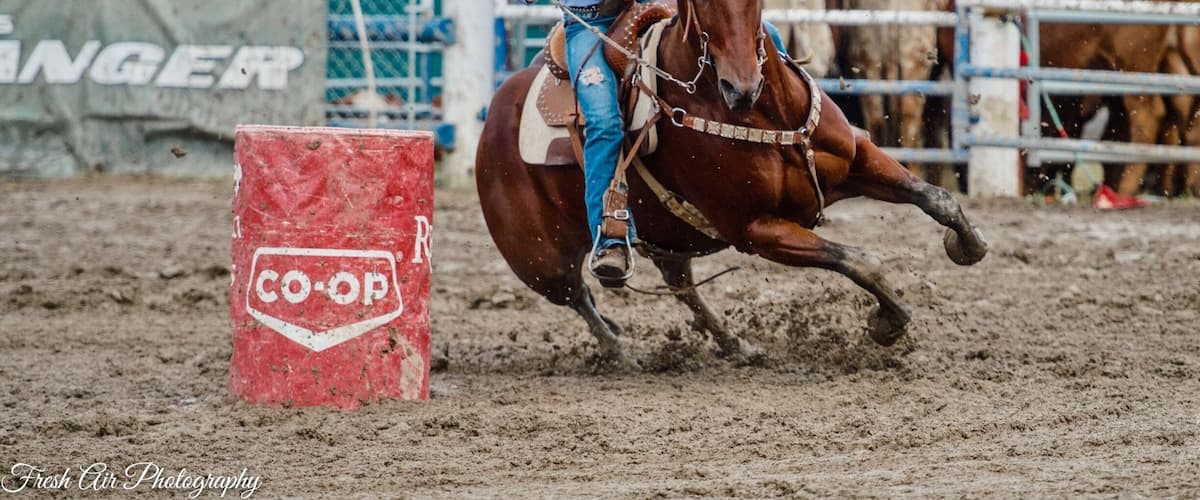 A person riding a horse in a rodeo arena with a red barrel labeled "CO-OP".