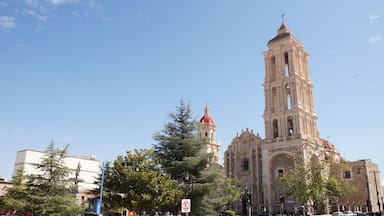 Una catedral histórica con una cúpula roja y un campanario.