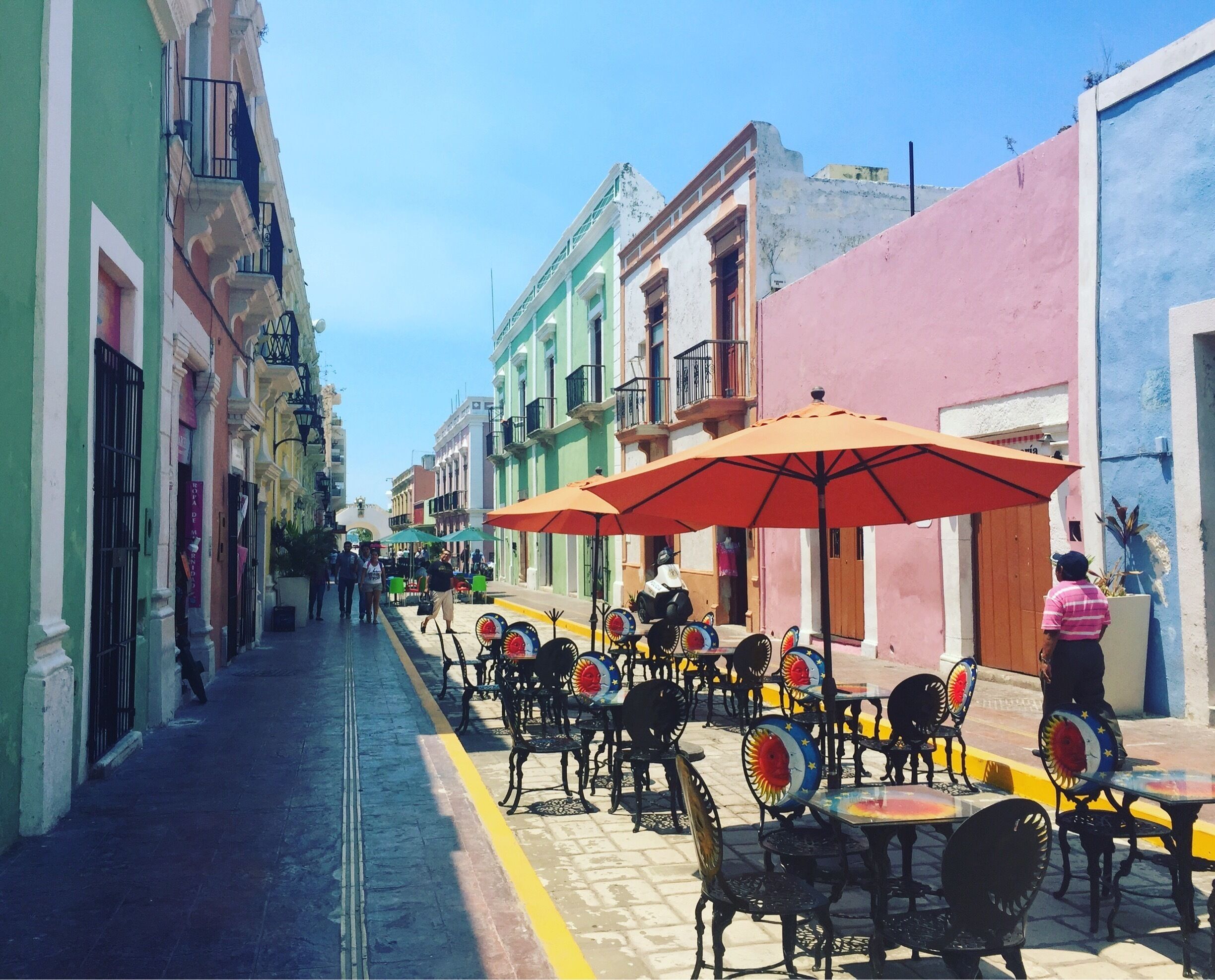 Walking along Calle 59 in Campeche. So many fun restaurants here.