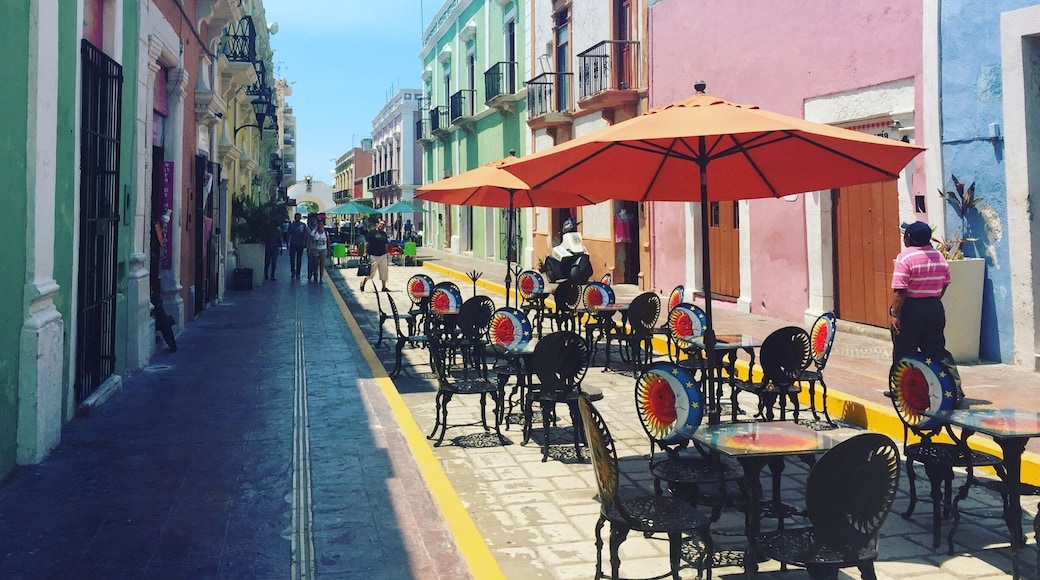 Walking along Calle 59 in Campeche. So many fun restaurants here.