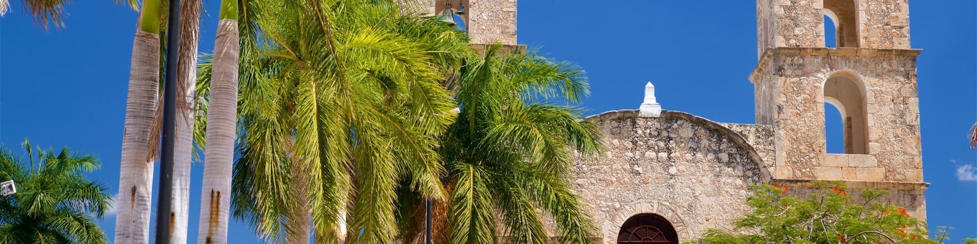 A church with two bell towers and a dome, surrounded by palm trees.