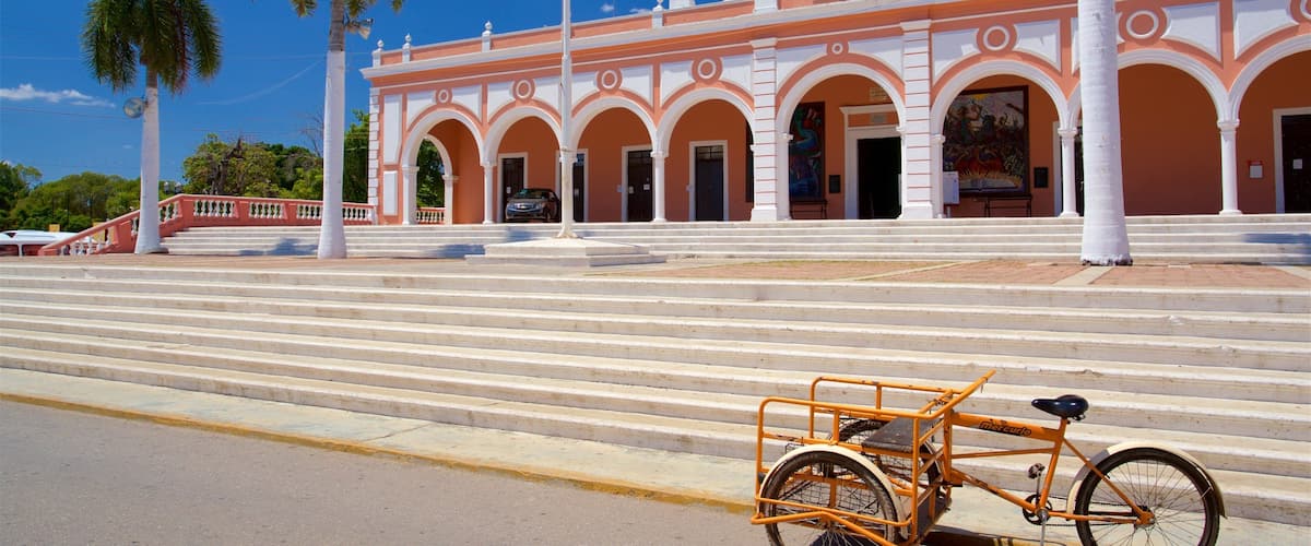 A building with a pink facade and white arches, a bicycle with a cargo rack, and palm trees in the background.