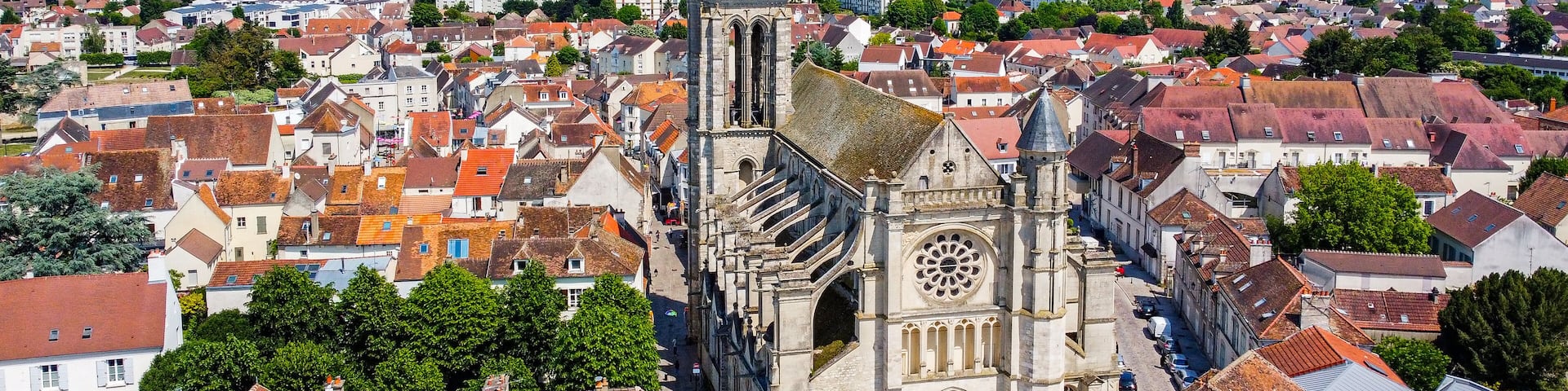 Aerial view of the Saint Stephen Church in Brie Comte Robert, a Roman Catholic parish church in Seine et Marne near Paris, France