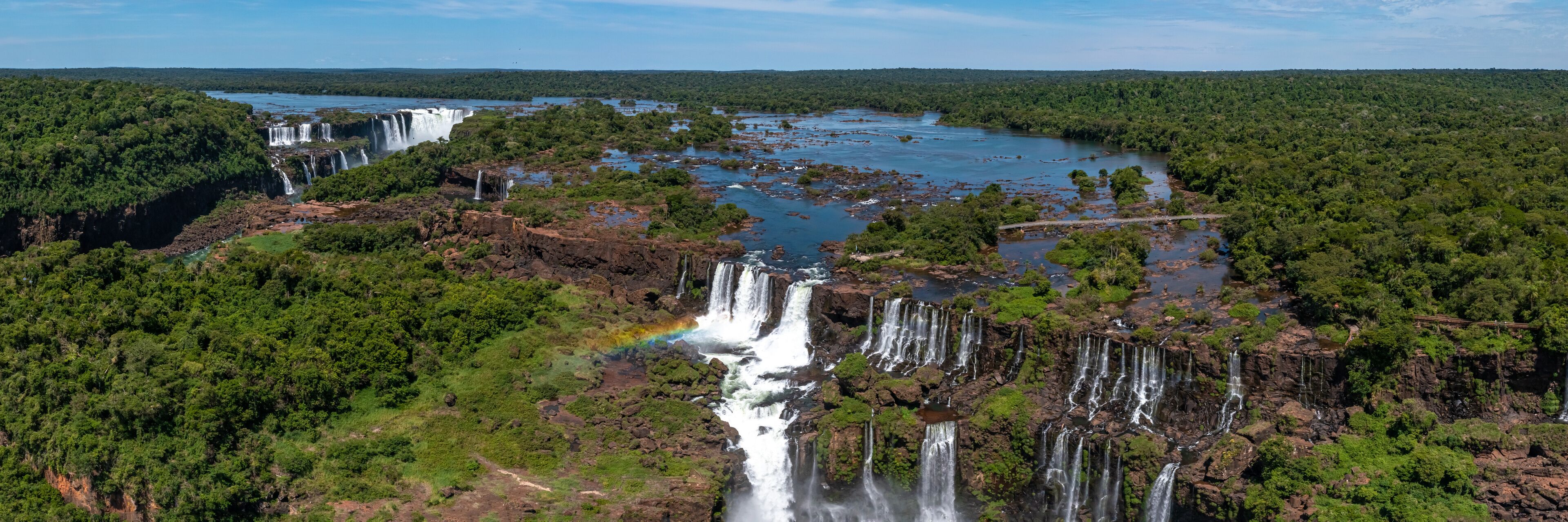 Panorama of Iguazu Falls from drone. Iguazú Falls, Iguaçu Waterfall aerial view