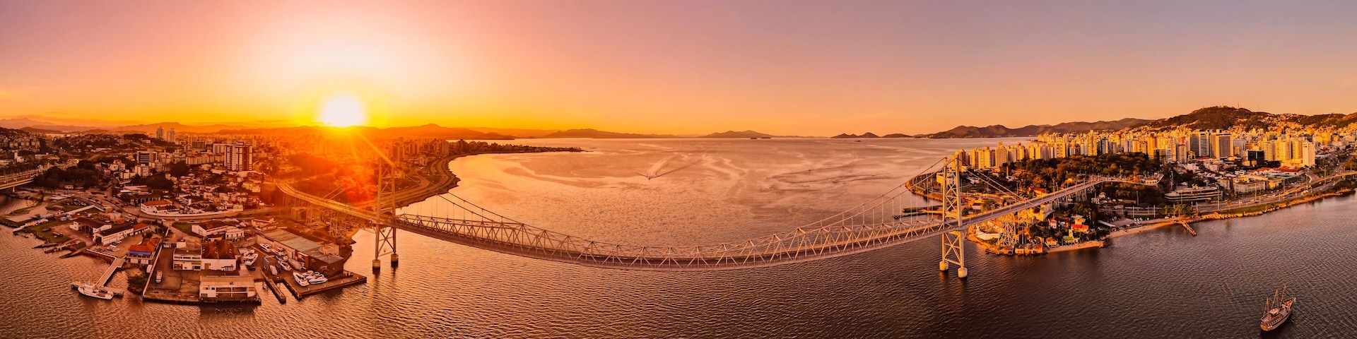 Panoramic view of Hercilio luz bridge with sunset light in Florianopolis, Brazil