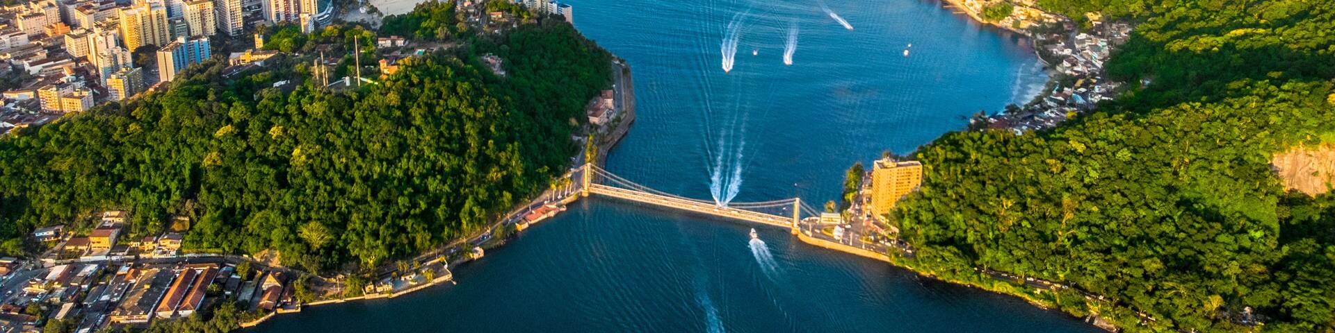View of drone from the bay of São Vicente with Santos to the bottom in the state of São Paulo - Brazil.
