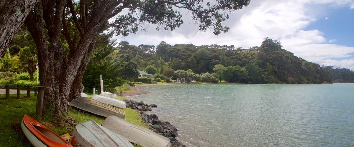 A lakeside with boats, a tree, and a rocky shoreline.
