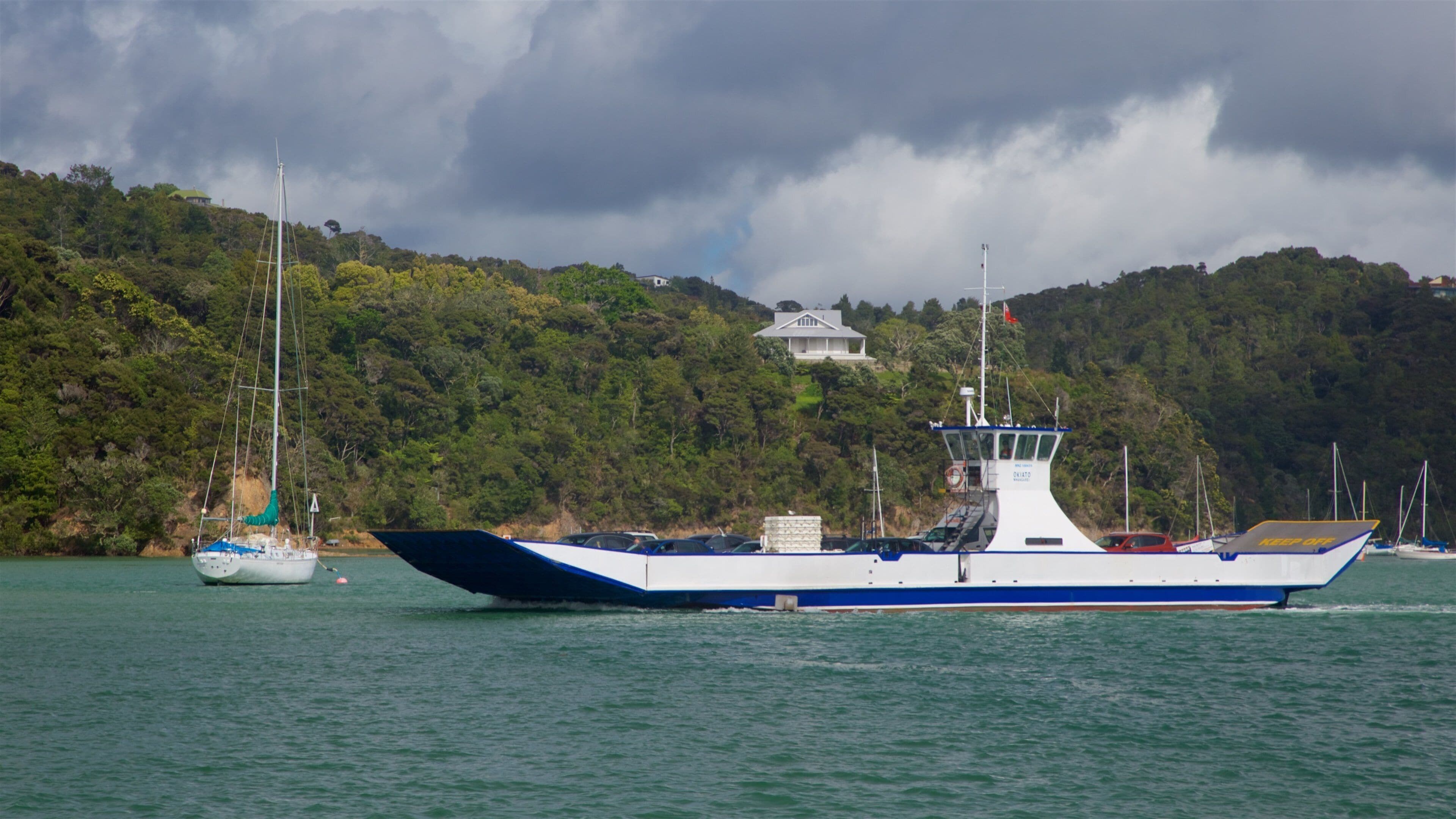 A large white and blue ferry moving through calm waters, with a forested hill and a house in the background.