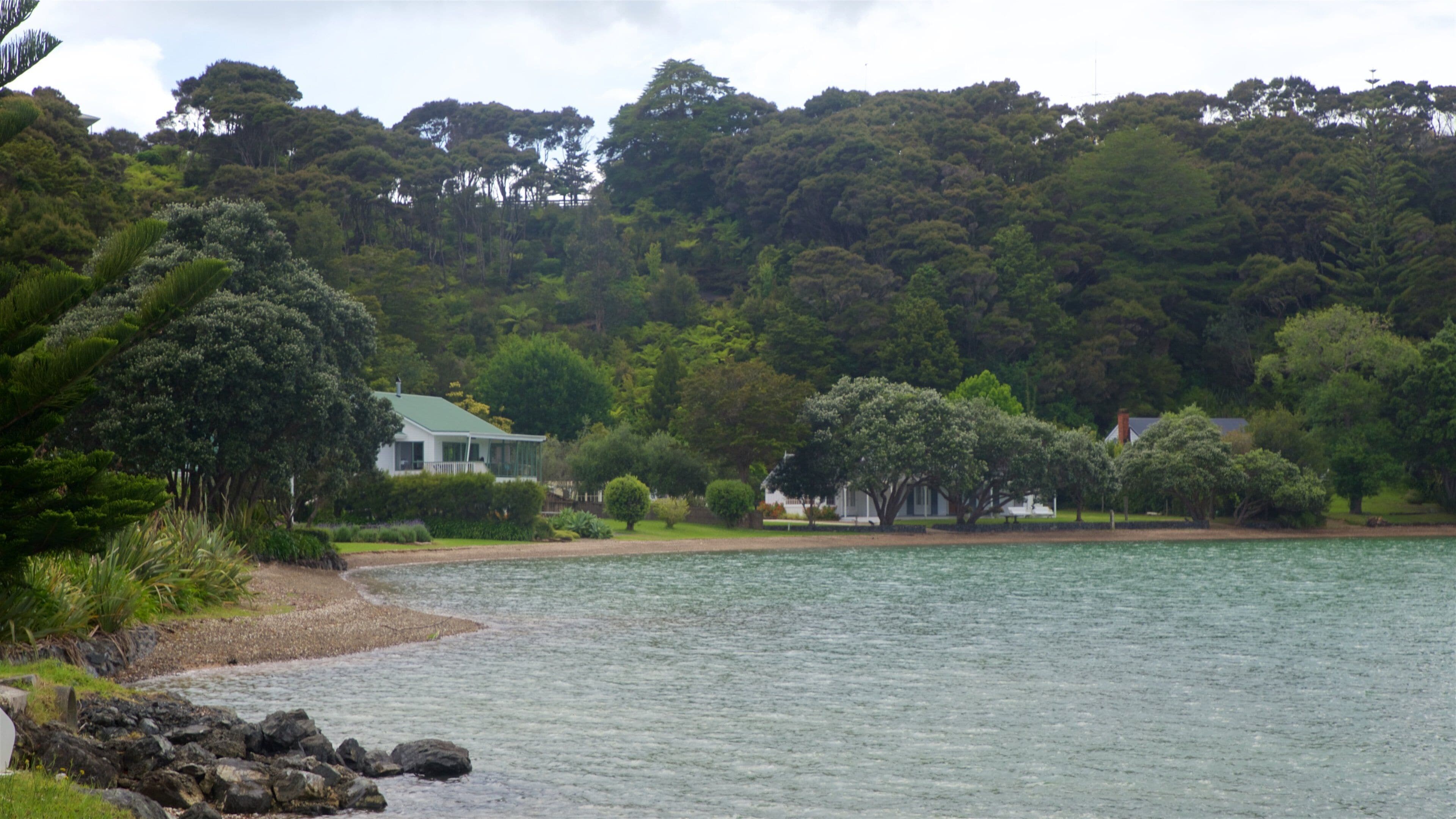 A lake with a rocky shoreline, surrounded by dense green forest and a few houses with green roofs.
