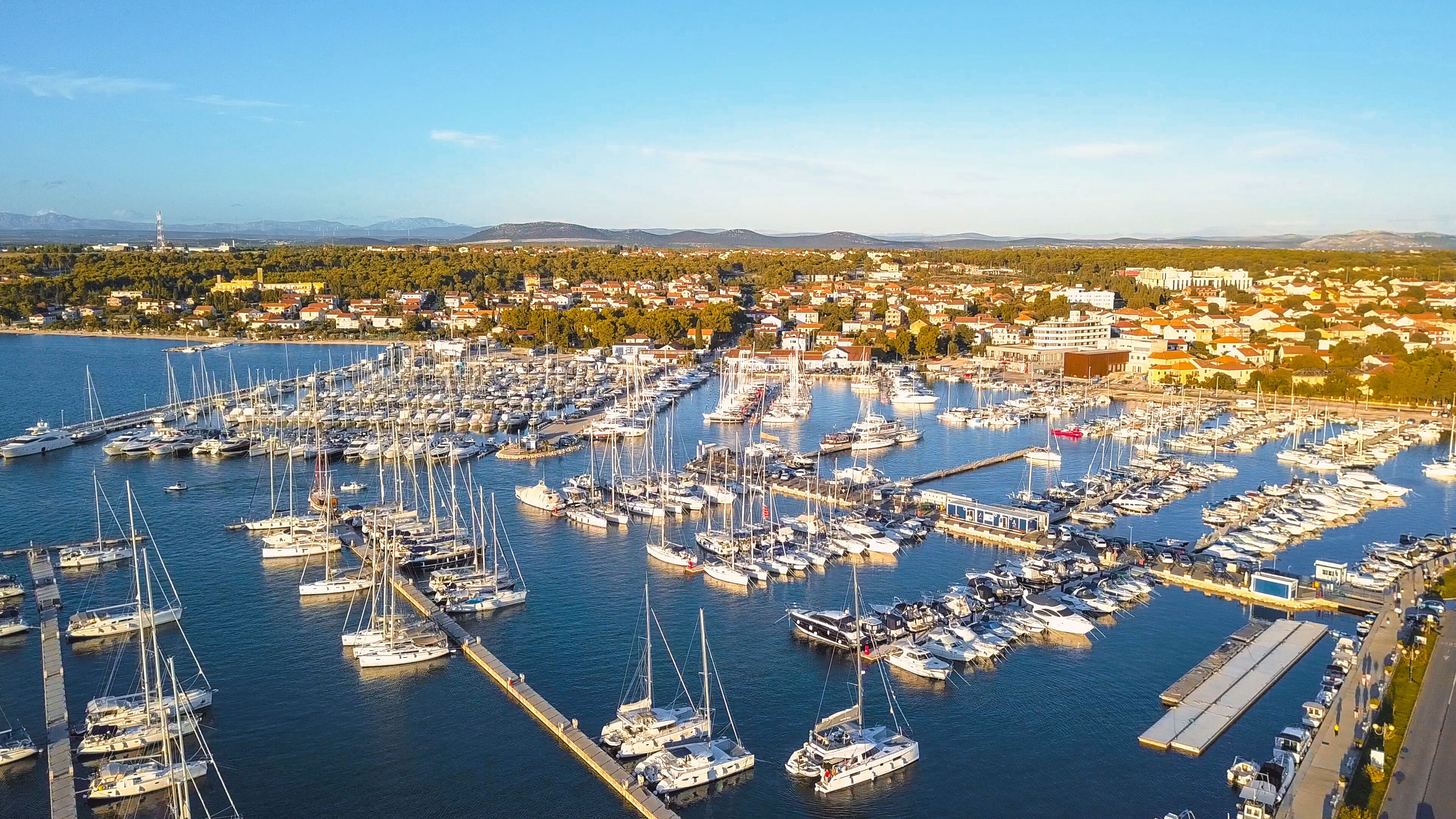 Aerial View of Yacht Club and Marina in Croatia, 4K. Biograd na moru
