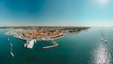 Biograd na Moru, aerial panoramic view of marina and beautiful Old Town architecture. Panorama with port and boats, summer cityscape and blue waters of Adriatic Sea, Dalmatia region of Croatia