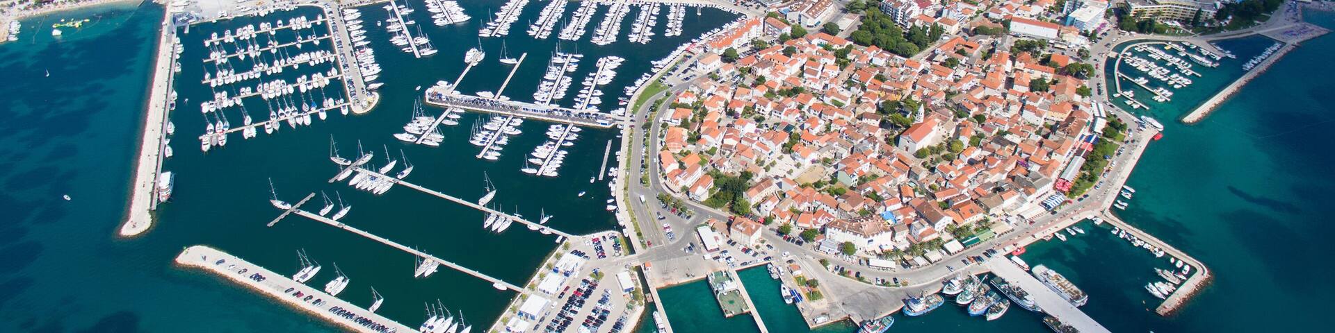 Aerial view of small town on Adriatic coast, Biograd na moru.