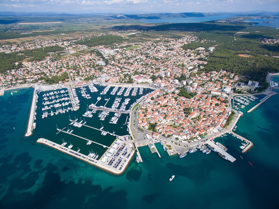Aerial view of small town on Adriatic coast, Biograd na moru.