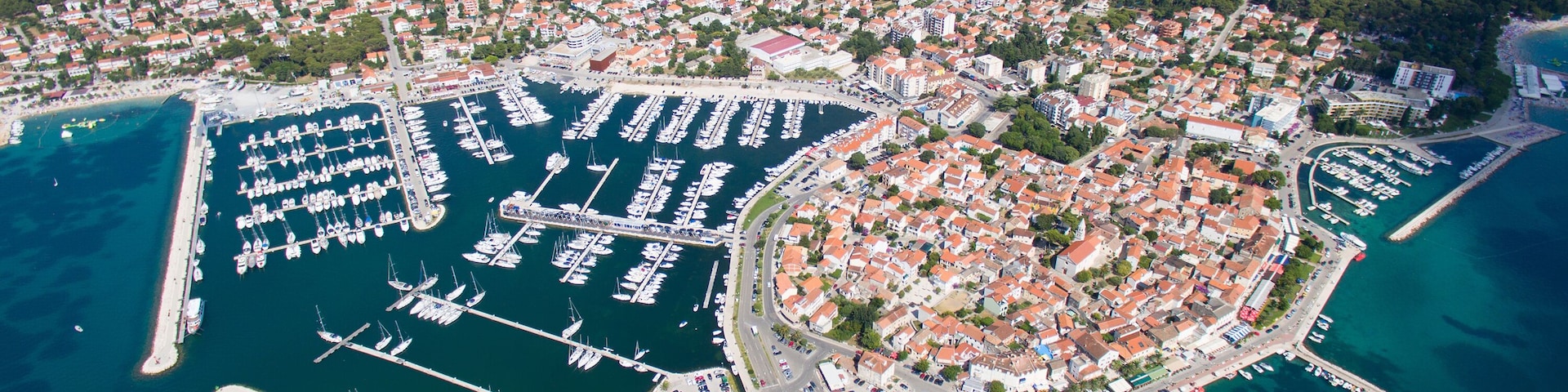 Aerial view of small town on Adriatic coast, Biograd na moru.