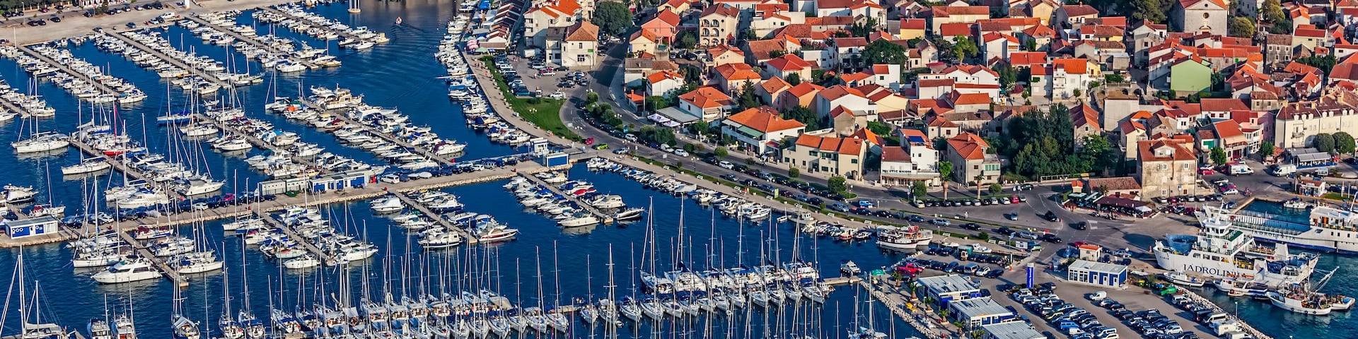 Aerial view of small town on Adriatic coast, Biograd na moru, Croatia