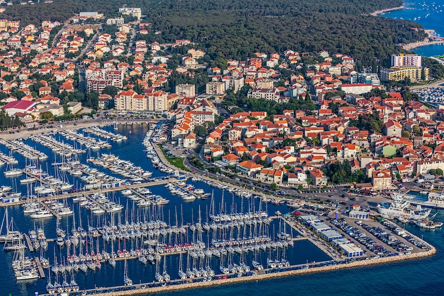 Aerial view of small town on Adriatic coast, Biograd na moru, Croatia