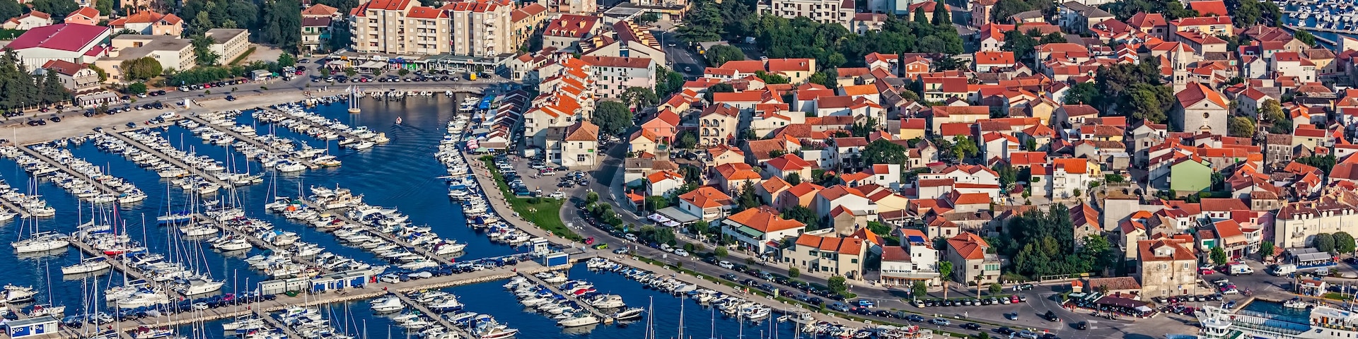 Aerial view of small town on Adriatic coast, Biograd na moru, Croatia