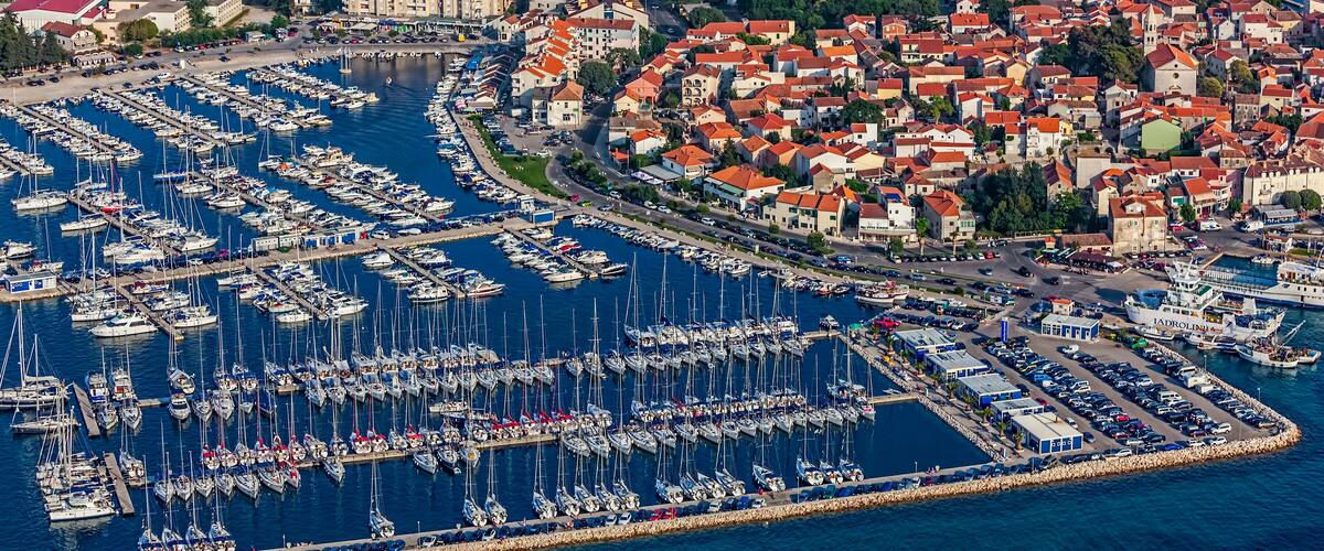 Aerial view of small town on Adriatic coast, Biograd na moru, Croatia