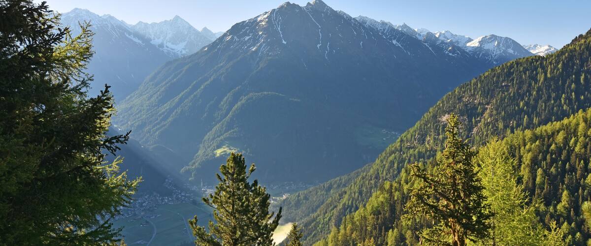 A mountain range with snow-capped peaks, dense forested valleys, and a clear sky.