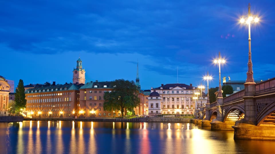 Gamla Stan featuring a city, night scenes and a river or creek