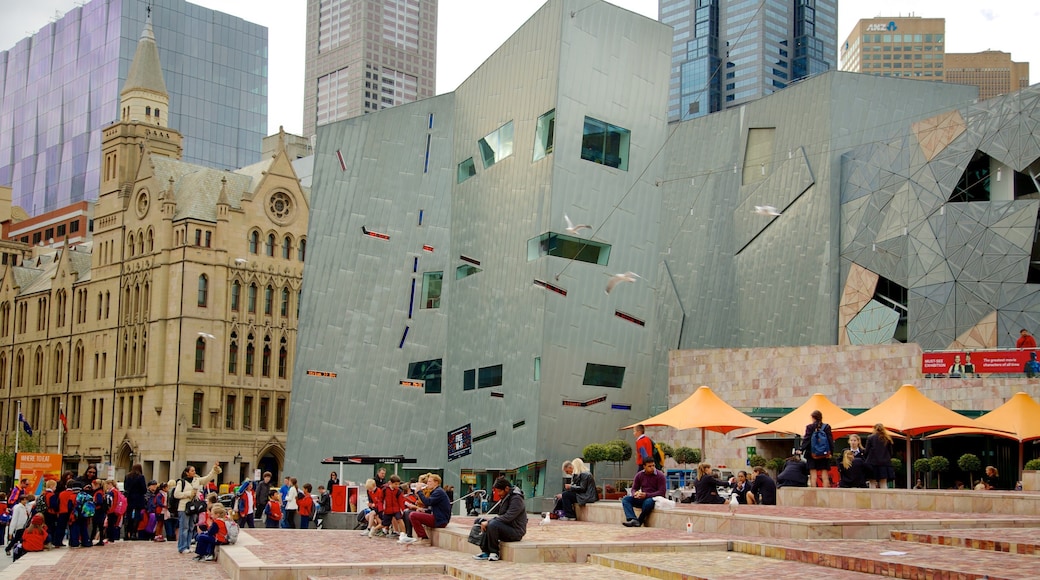 Fed Square which includes modern architecture, a square or plaza and a city