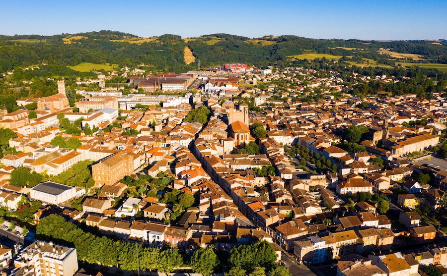 Panoramic aerial view of Pamiers cityscape with buildings, located on the river Ariege, France