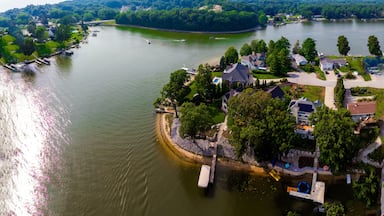 An aerial view of a lakeside community with houses, docks, and boats.