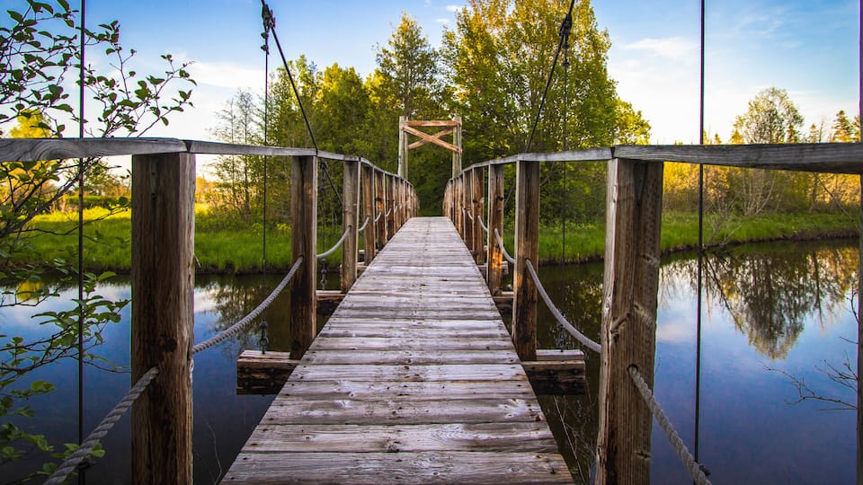 A wooden suspension bridge over a calm river, surrounded by lush greenery and trees.
