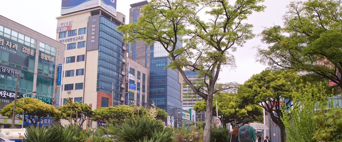 A city street with modern buildings, trees, and pedestrians.