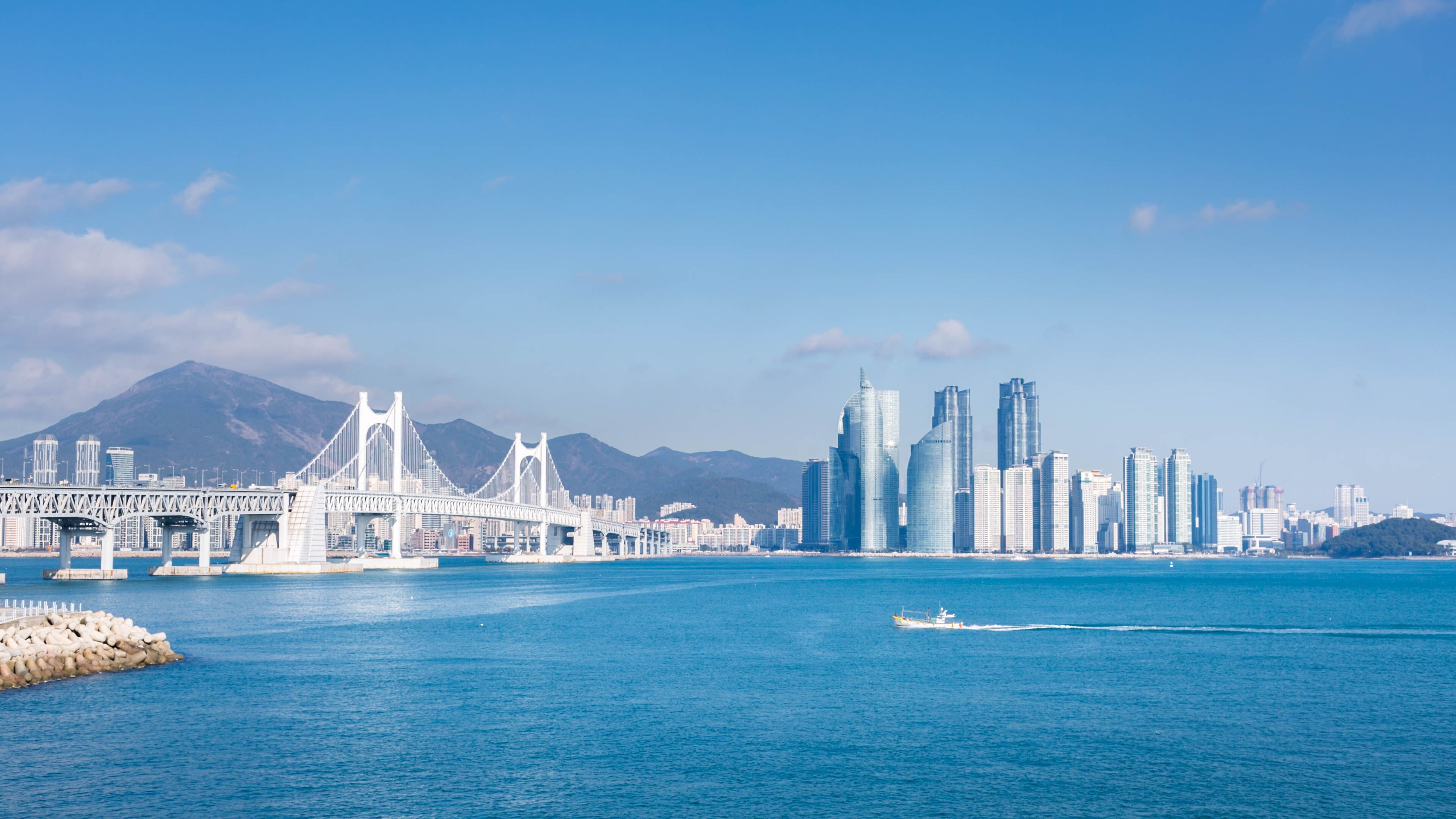 A coastal cityscape with a prominent bridge and skyscrapers.