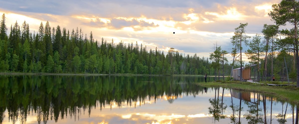 A calm lake reflecting trees and a cabin.
