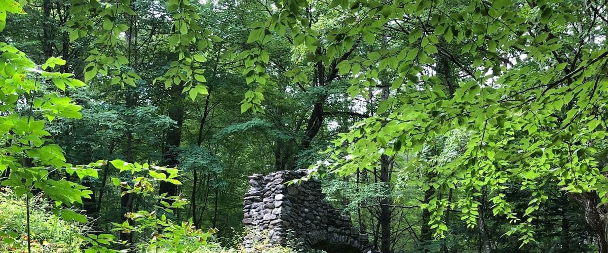 A stone archway surrounded by lush greenery and trees.