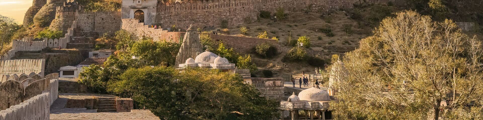 Historic Kumbhalgarh Fort at sunset built in the 15th century at Udaipur Rajasthan, India