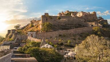 Historic Kumbhalgarh Fort at sunset built in the 15th century at Udaipur Rajasthan, India