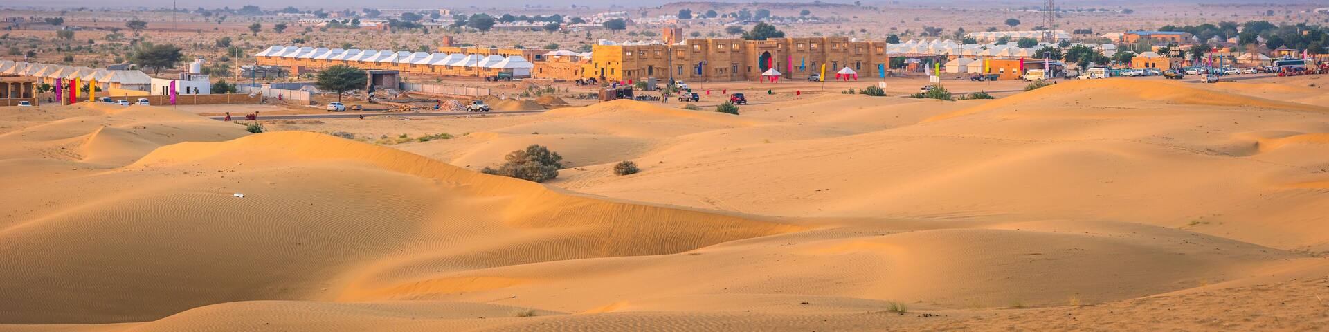 View at Sam sand dunes, It is a popular tourist camping destination among backpacker and nature lovers for its natural beauty of Great Thar desert in Jaisalmer region of Rajasthan state of India.