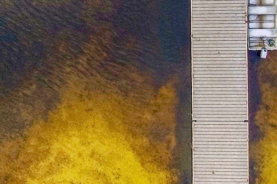 Un quai où plusieurs bateaux sont amarrés côte à côte, une structure en bois et une étendue d’eau à l’aspect jaunâtre.