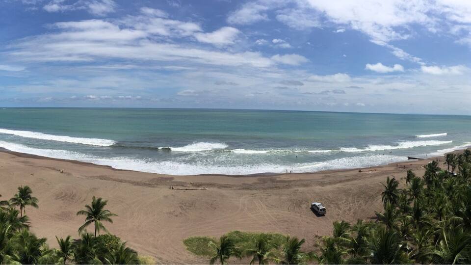 A beach with clear turquoise waters, palm trees, and a white car parked on the sand.