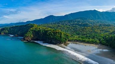 Aerial drone view of a tropical paradise beach. Playa Ventanas in Costa Rica
