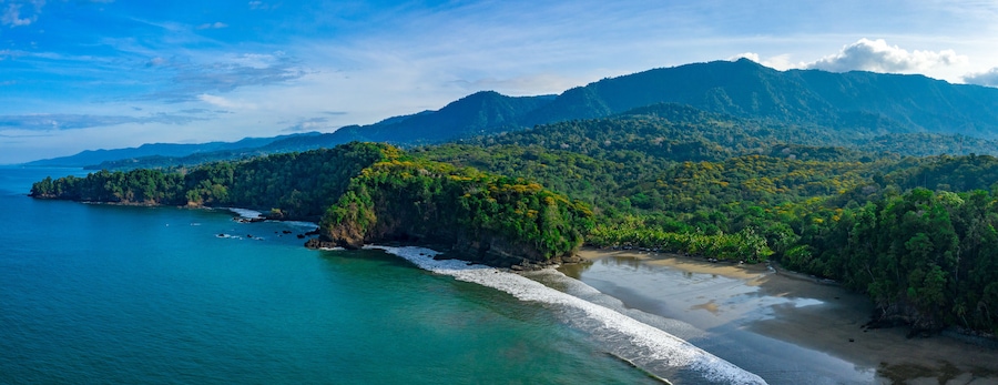 Aerial drone view of a tropical paradise beach. Playa Ventanas in Costa Rica
