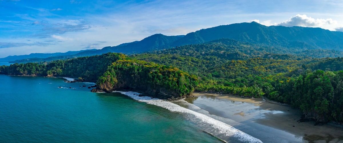 Aerial drone view of a tropical paradise beach. Playa Ventanas in Costa Rica